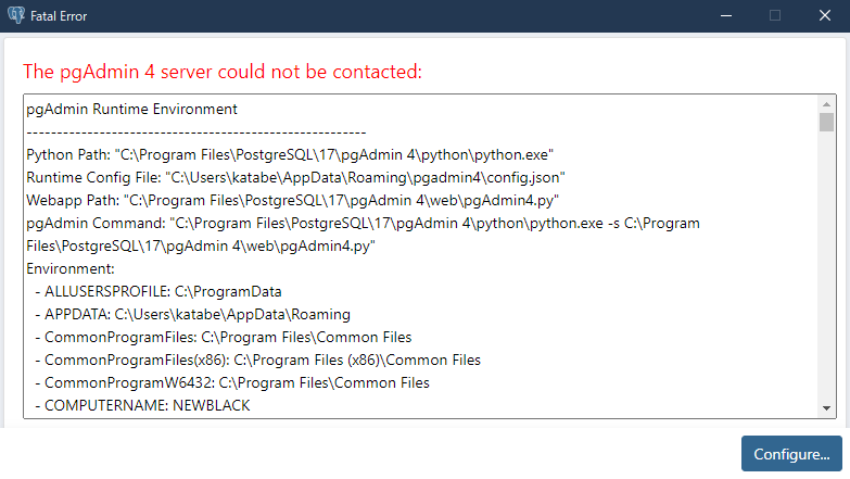 [sql]pgAdmin4接続エラー解決方法：The pgAdmin 4 server could not be contacted